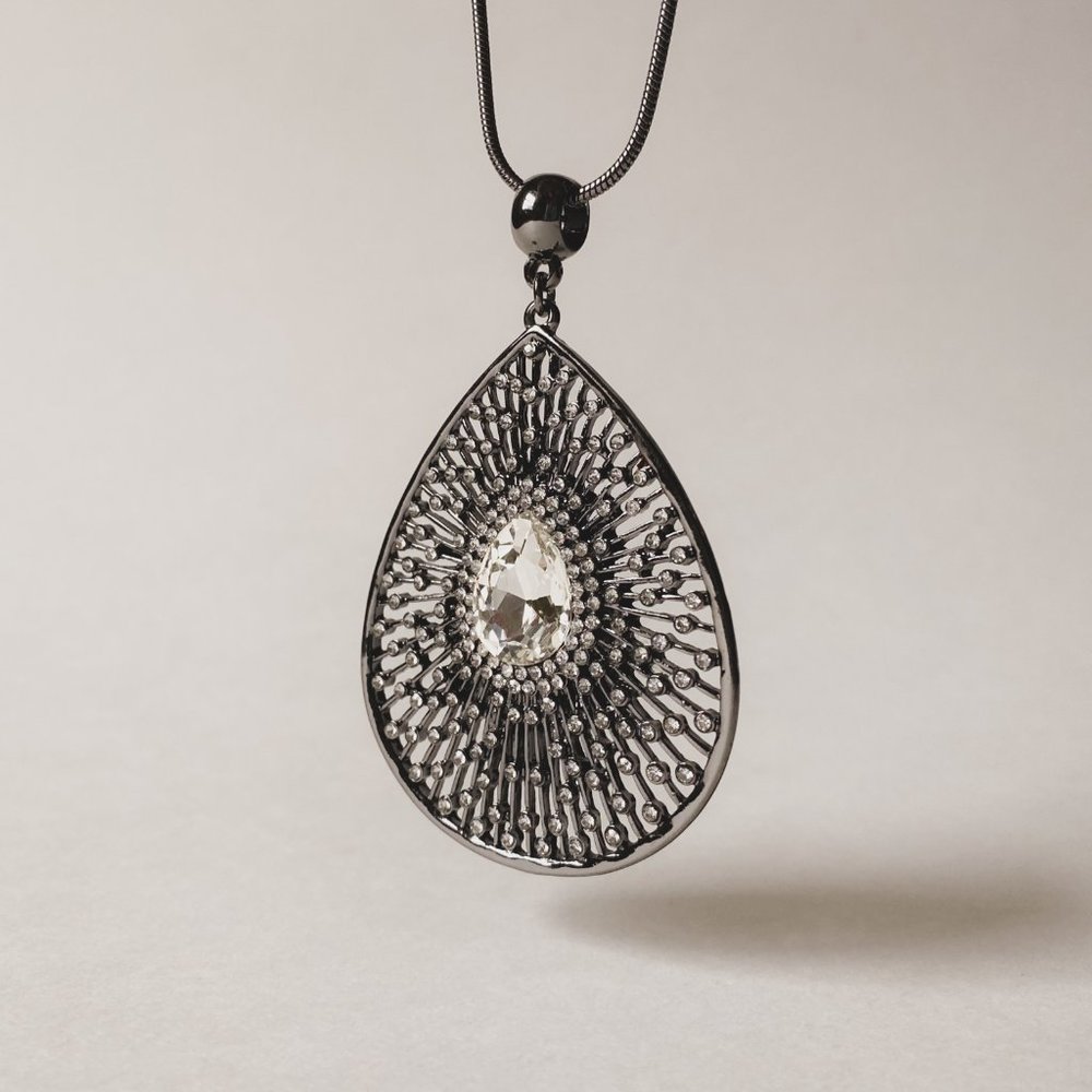 Large Rhinestone Burst Teardrop Pendant Gunmetal Long Chain Statement Necklace